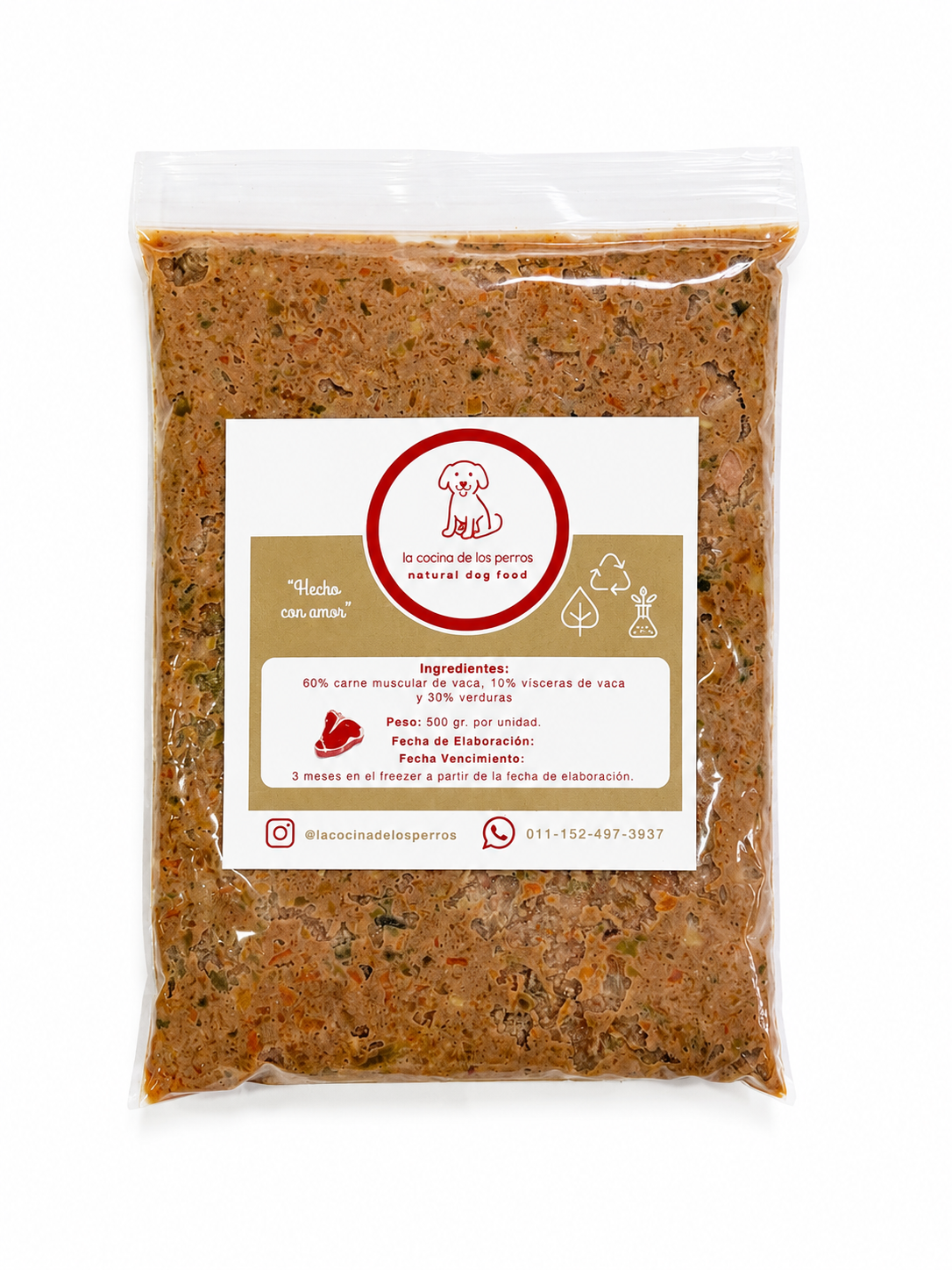 Pack de carne muscular de vaca, vísceras de vaca y verduras