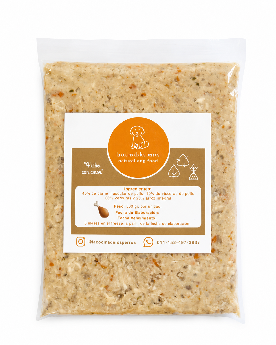 Pack de carne muscular de pollo, vísceras de pollo, verduras y arroz integral