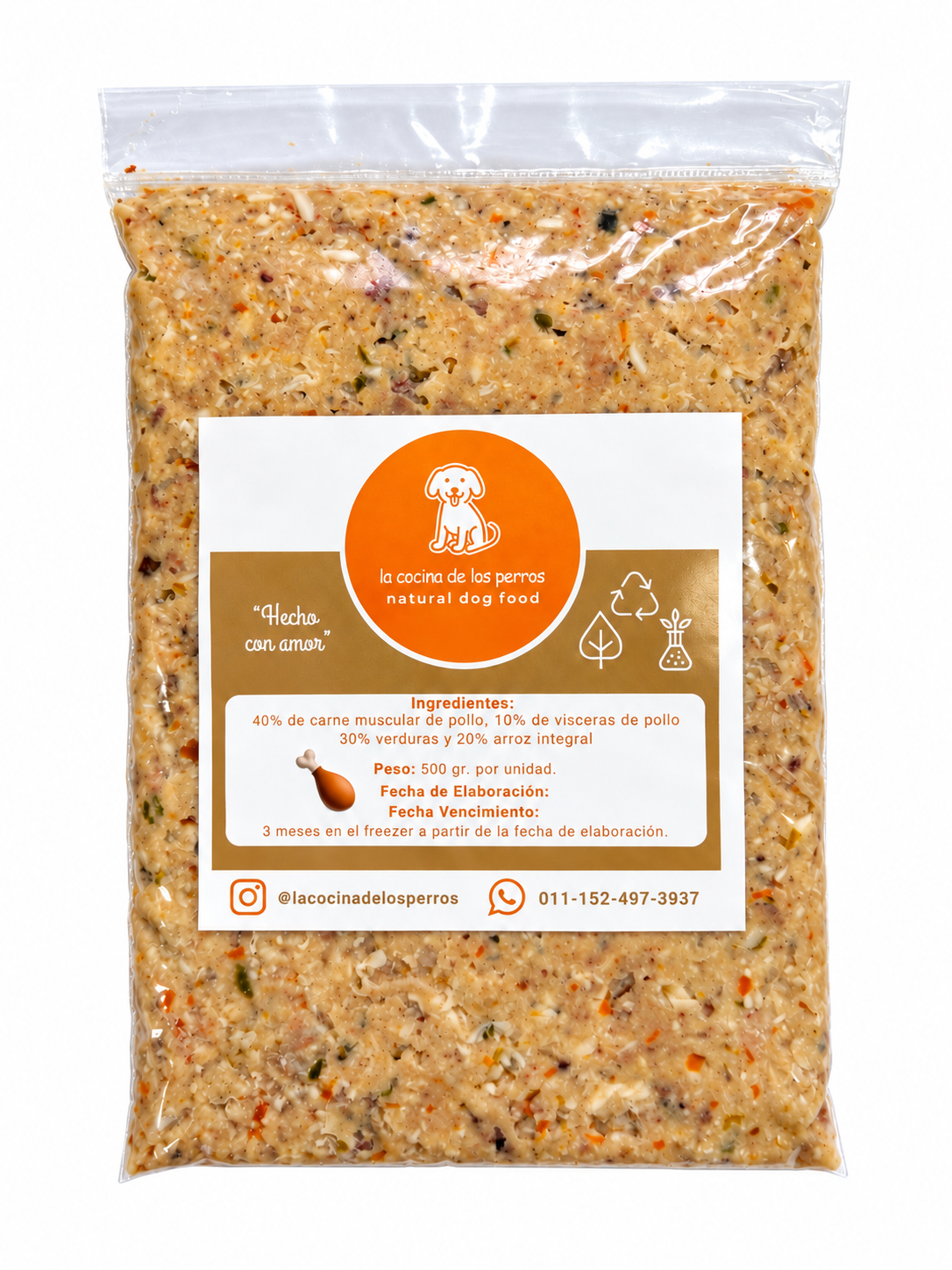 Pack de carne muscular de pollo, vísceras de pollo, verduras y arroz integral