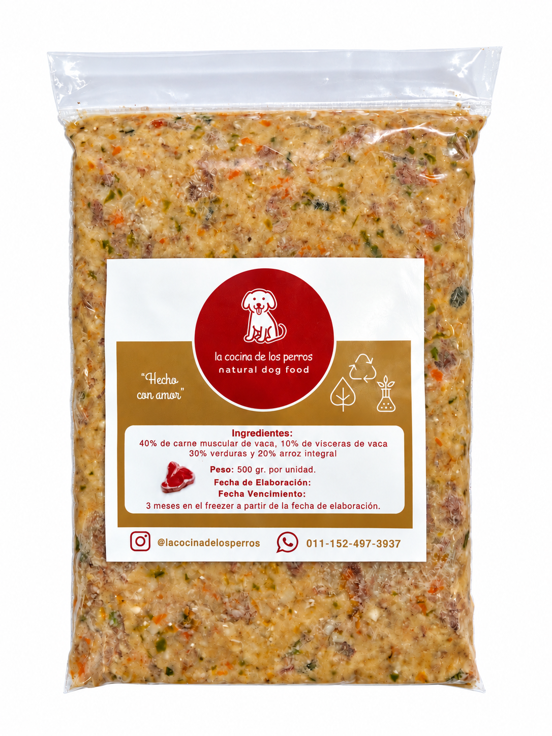 Pack de carne muscular de vaca, vísceras de vaca, verduras y arroz integral