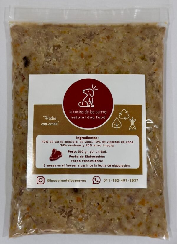 Pack de 500 gr de carne muscular de vaca, vísceras de vaca, verduras y arroz integral